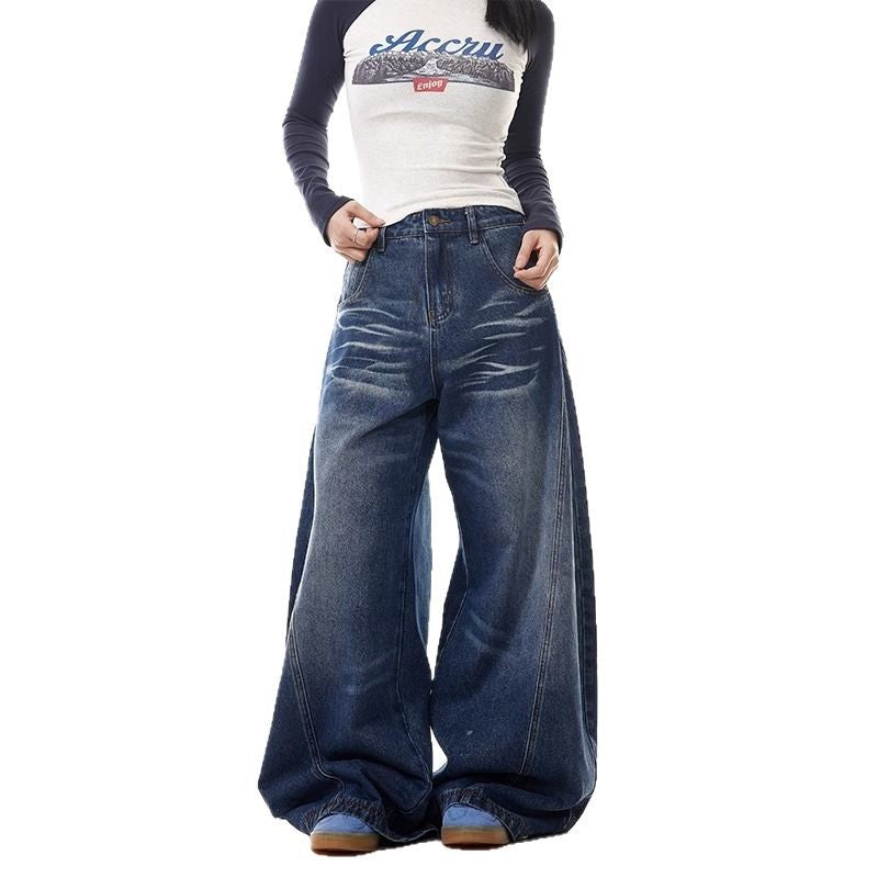 Retro Washed Wide Leg Denim Trousers