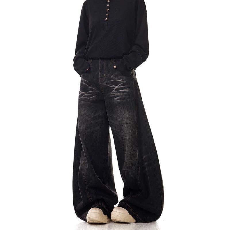 Retro Washed Wide Leg Denim Trousers